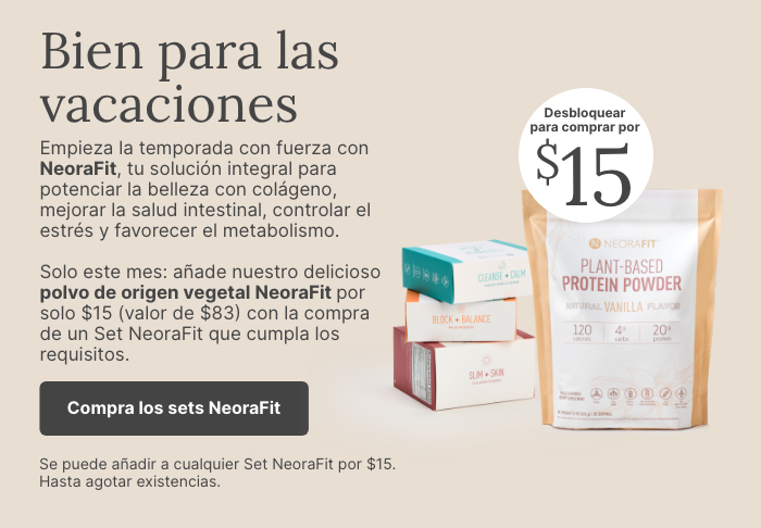 Holiday wellness promotion with a NeoraFit Plant-Based Protein Powder bag shown with a filled shaker bottle. Limited-time $15 offer ($83 value) when purchased with qualifying NeoraFit sets.